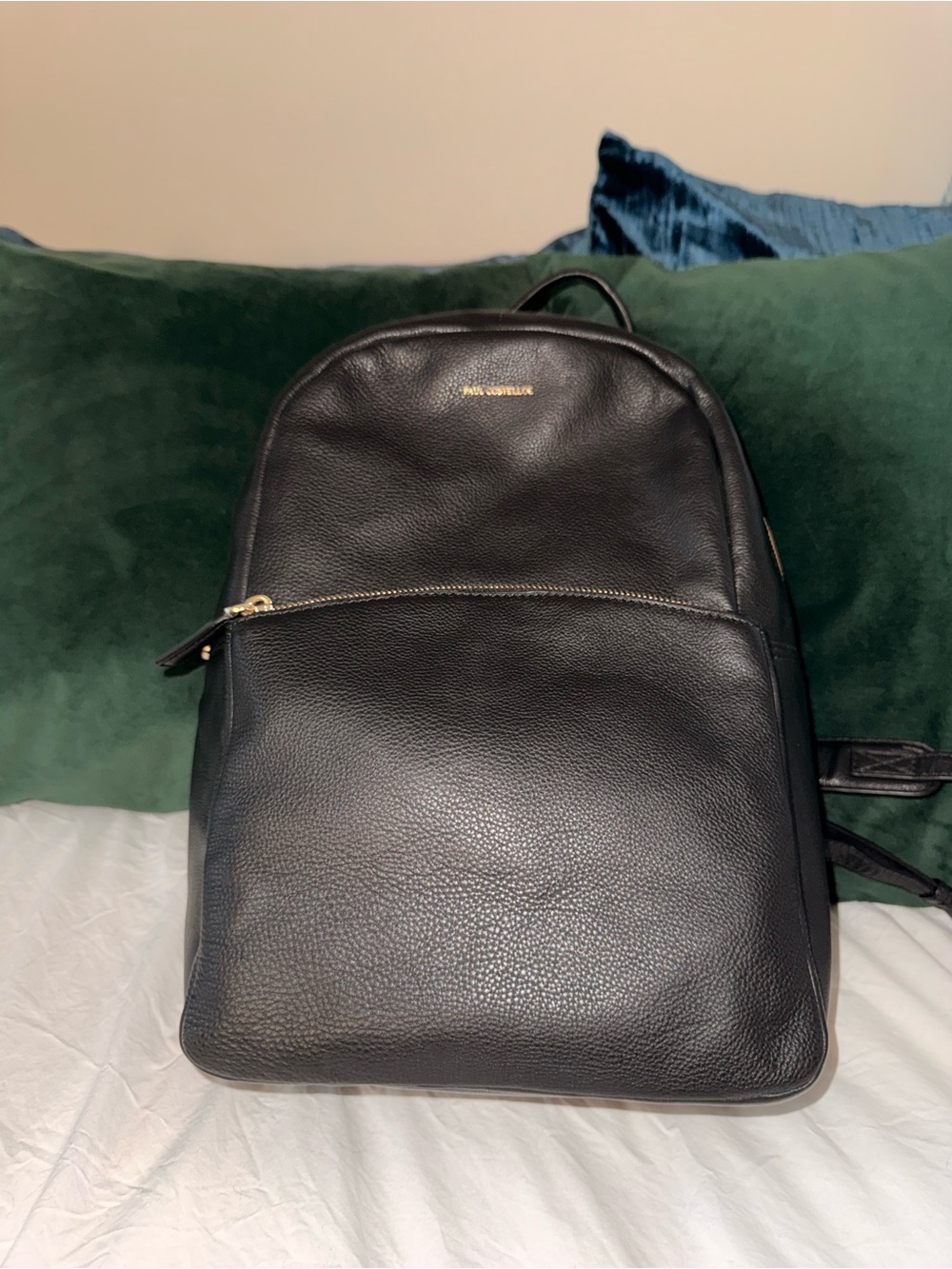 Paul Costelloe Black Pebbled Leather Backpack Zip Pocket Adjustable Straps Gold